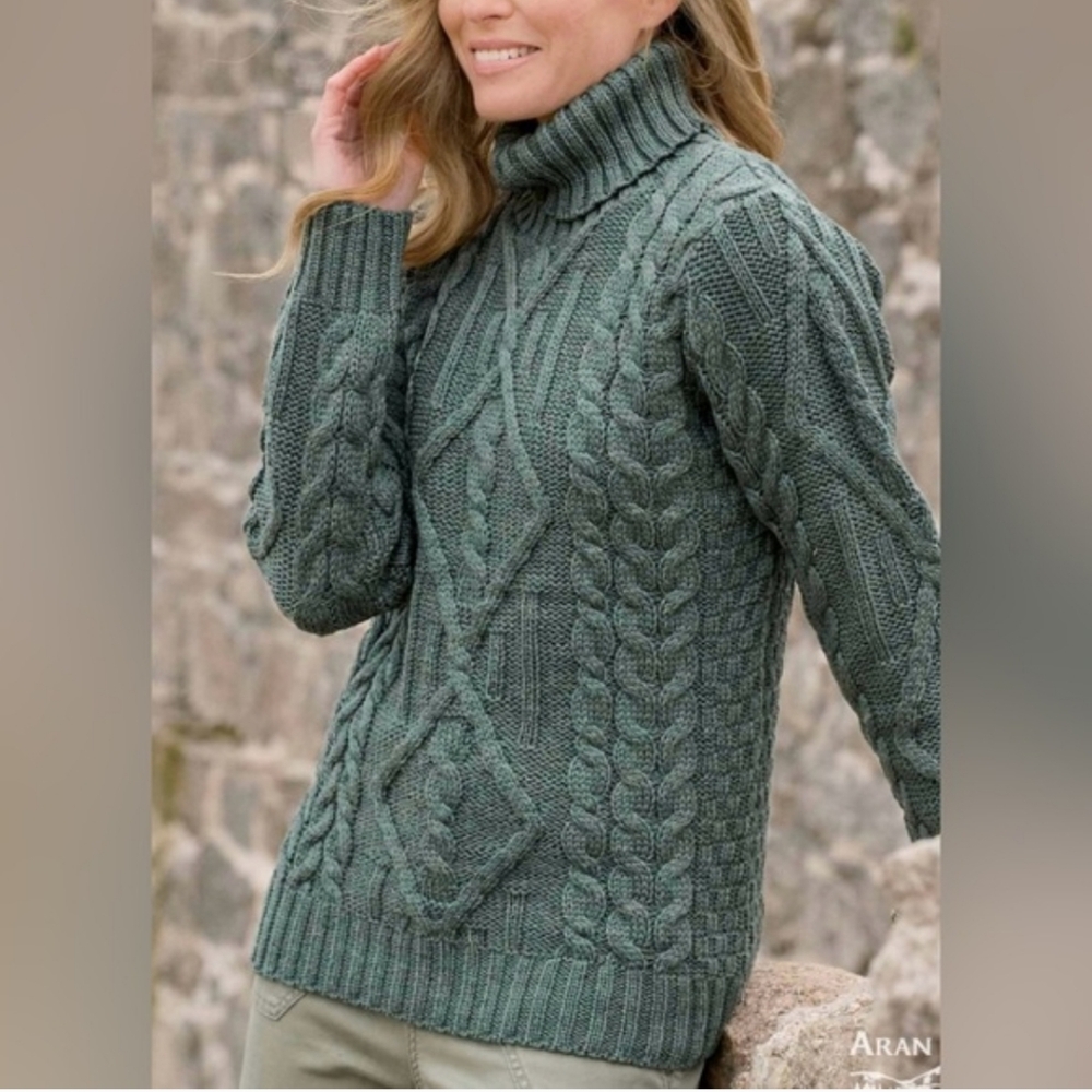 Aran Mor Irish turtleneck sweater 100% Merino Wool Green Large